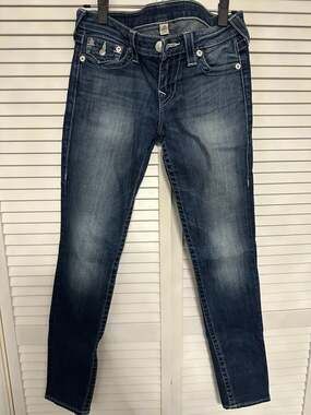 VINTAGE True Religion Skinny Jeans Women 28 Dark Wash White Stitch Flap Pocket